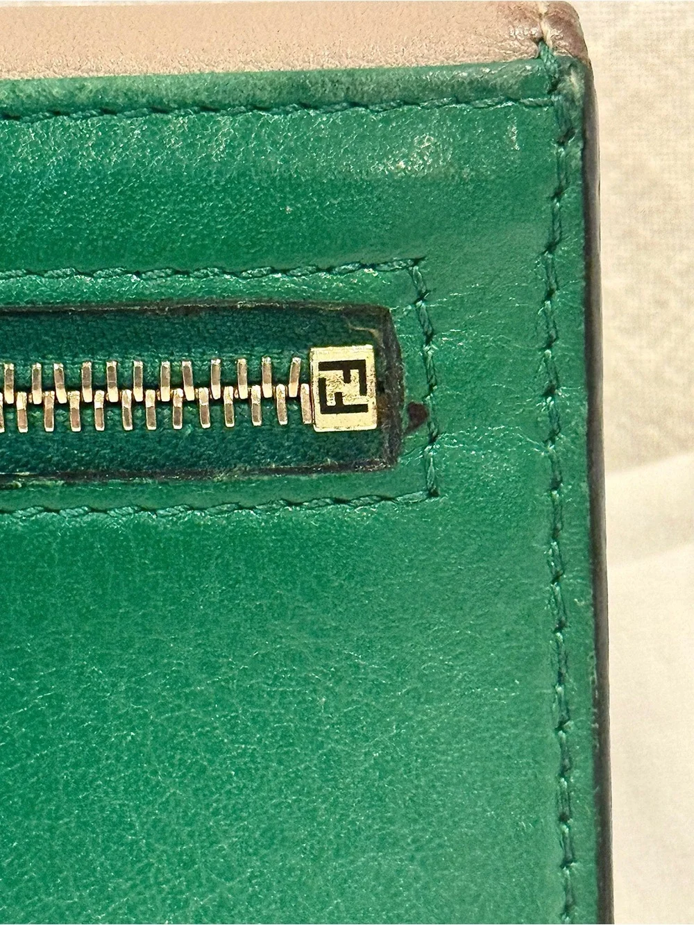 Fendi 2Jours Continental Leather Wallet Envelope Style In Taupe/Green